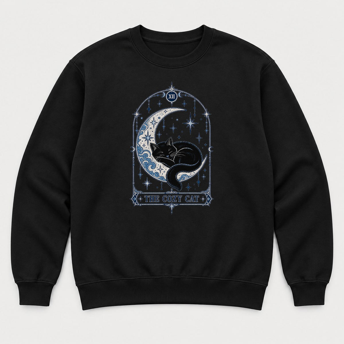 The Cozy Cat Celestial Tarot Card Black Cat Graphic T-Shirt & Sweatshirt - Sweatshirt Black Front