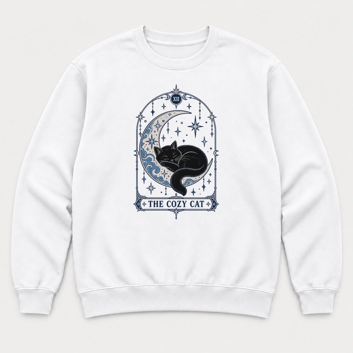 The Cozy Cat Celestial Tarot Card Black Cat Graphic T-Shirt & Sweatshirt - Sweatshirt White Front