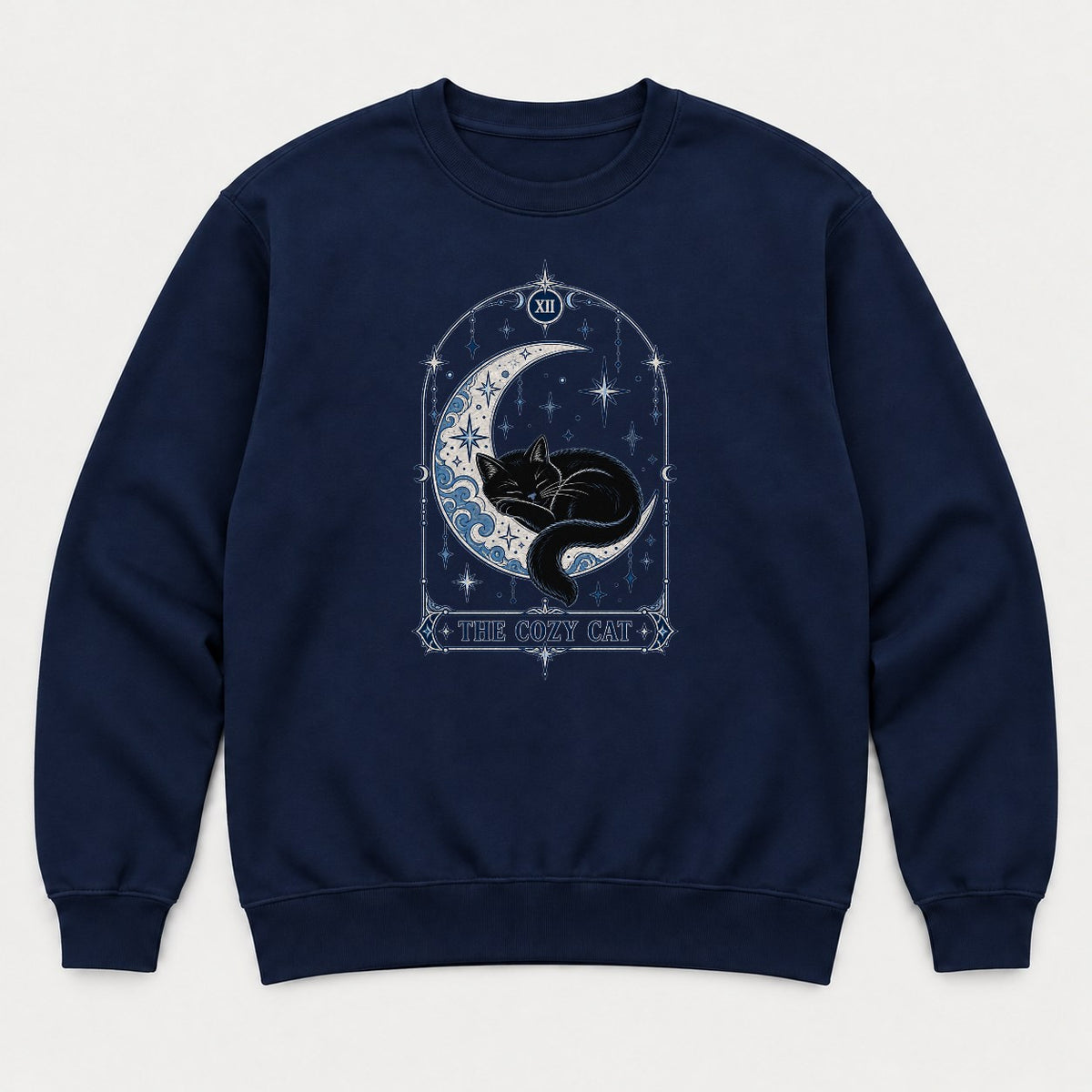 The Cozy Cat Celestial Tarot Card Black Cat Graphic T-Shirt & Sweatshirt - Sweatshirt Navy Front