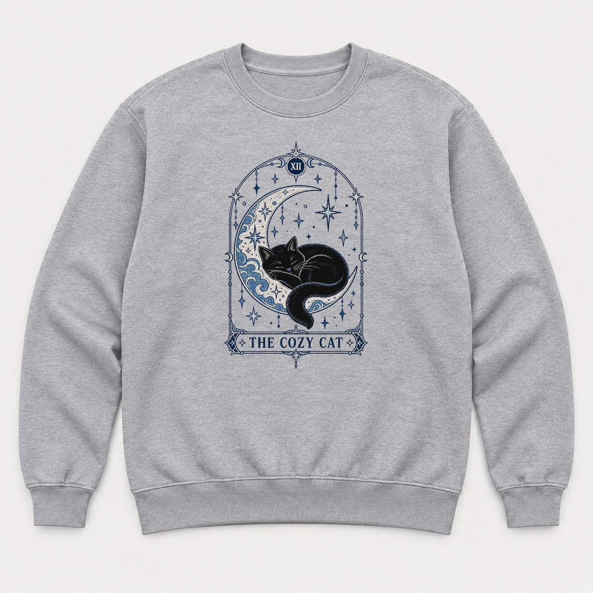 The Cozy Cat Celestial Tarot Card Black Cat Graphic T-Shirt & Sweatshirt - Sweatshirt Sport Grey Front