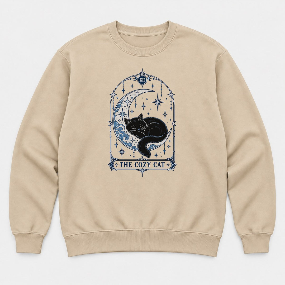 The Cozy Cat Celestial Tarot Card Black Cat Graphic T-Shirt & Sweatshirt - Sweatshirt Sand Front