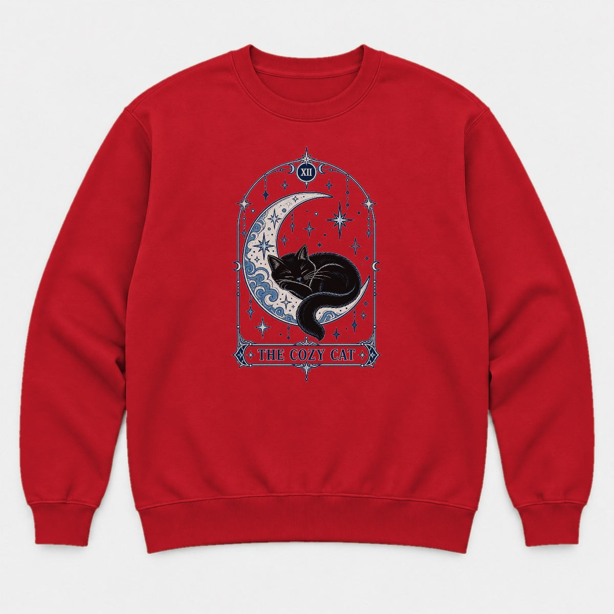 The Cozy Cat Celestial Tarot Card Black Cat Graphic T-Shirt & Sweatshirt - Sweatshirt Red Front