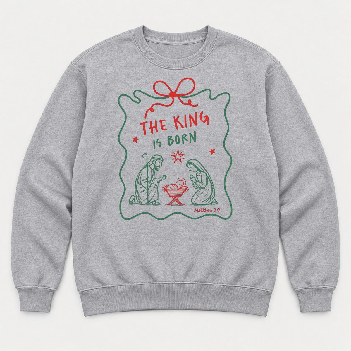 The King Is Born Nativity Scene Christmas Graphic T-Shirt & Sweatshirt - Sweatshirt Sport Grey Front