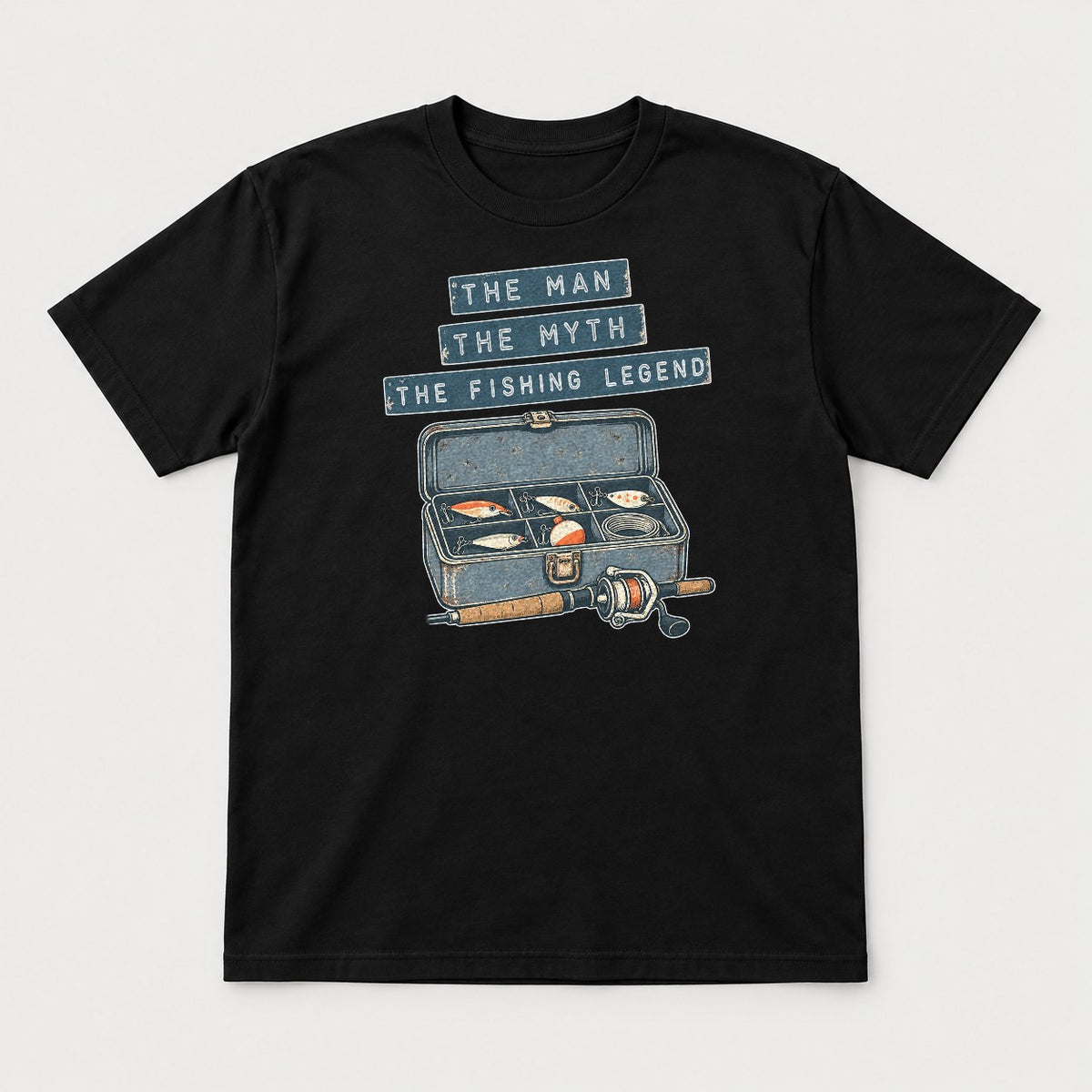 The Man The Myth The Fishing Legend Retro Tackle Box Graphic T-Shirt & Sweatshirt - Tshirt Black Front