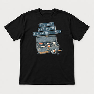 The Man The Myth The Fishing Legend Retro Tackle Box Graphic T-Shirt & Sweatshirt - Tshirt Black Front