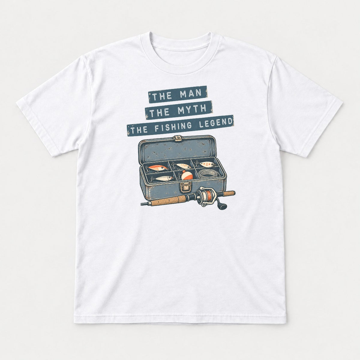 The Man The Myth The Fishing Legend Retro Tackle Box Graphic T-Shirt & Sweatshirt - Tshirt White Front