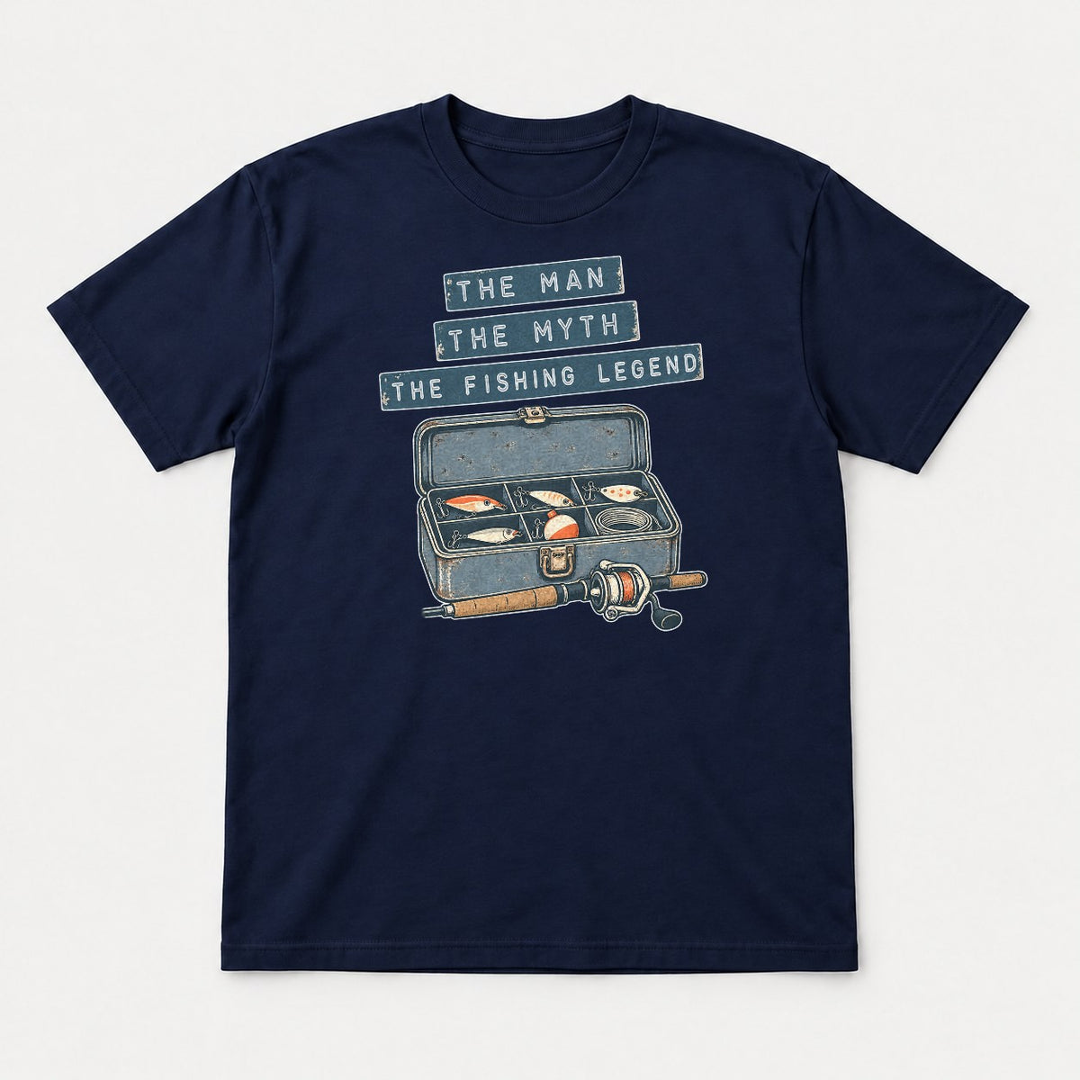 The Man The Myth The Fishing Legend Retro Tackle Box Graphic T-Shirt & Sweatshirt - Tshirt Navy Front