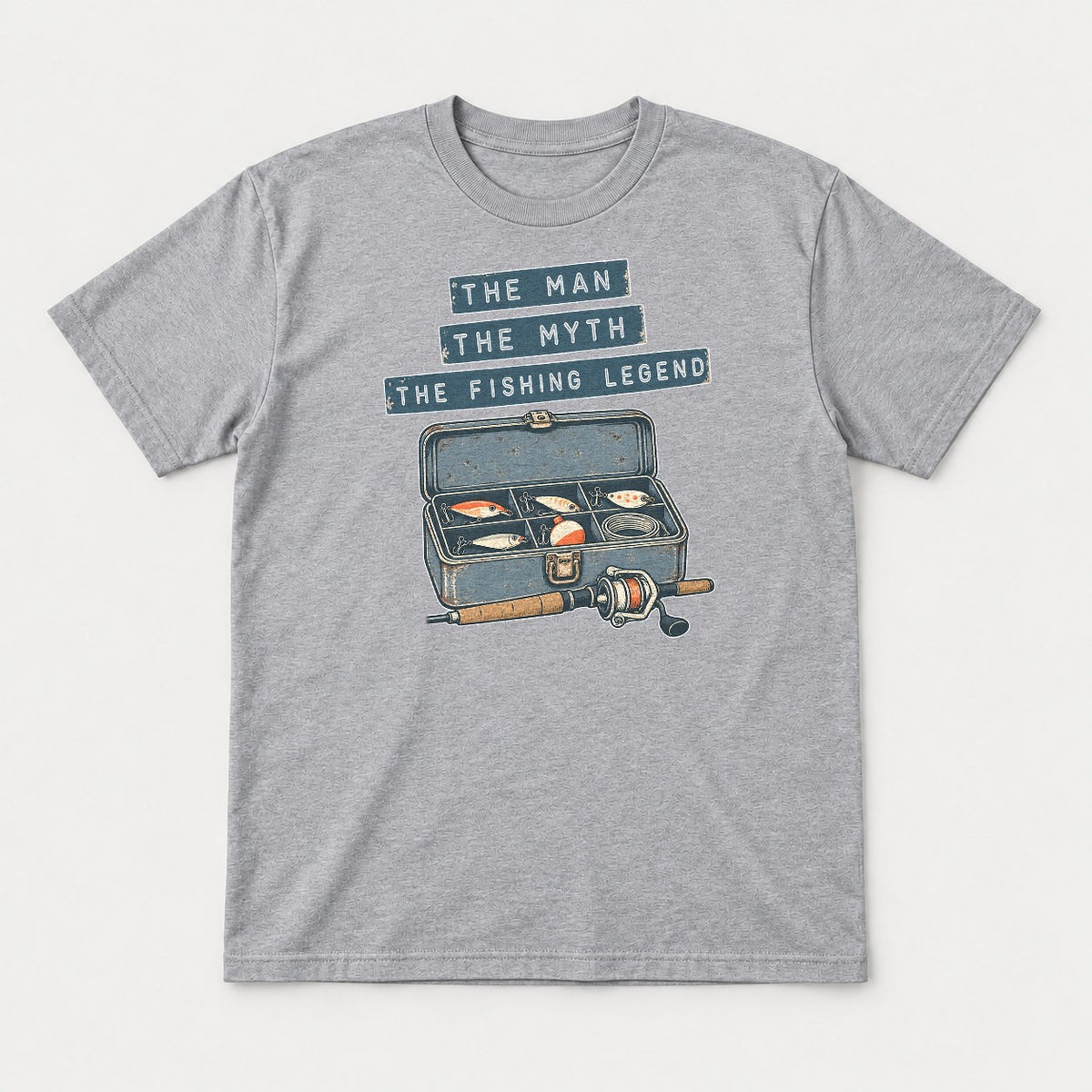 The Man The Myth The Fishing Legend Retro Tackle Box Graphic T-Shirt & Sweatshirt - Tshirt Sport Grey Front