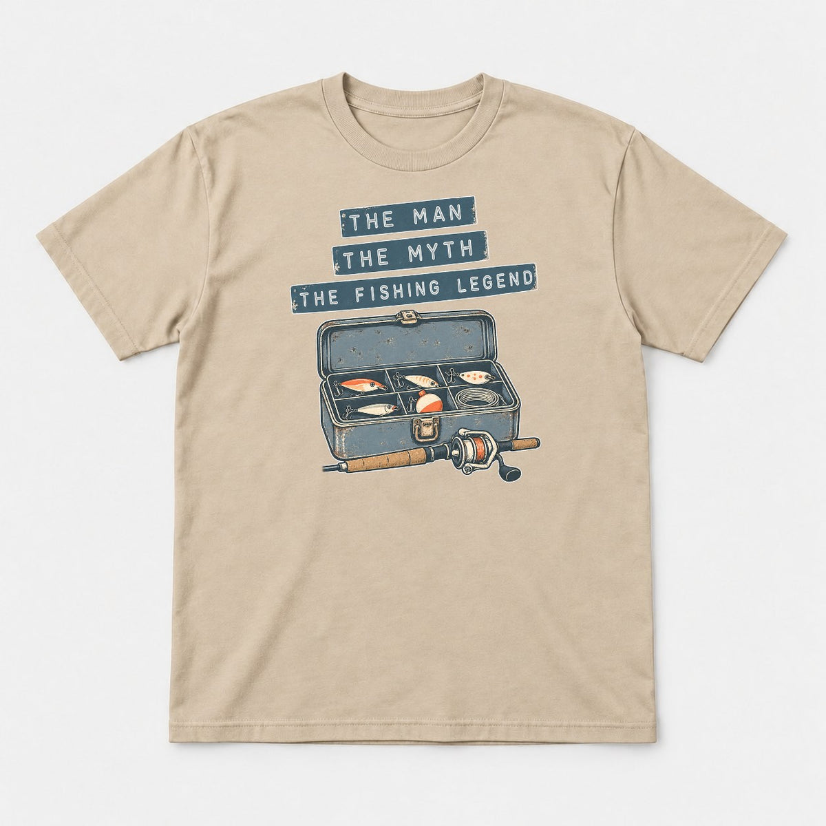 The Man The Myth The Fishing Legend Retro Tackle Box Graphic T-Shirt & Sweatshirt - Tshirt Sand Front