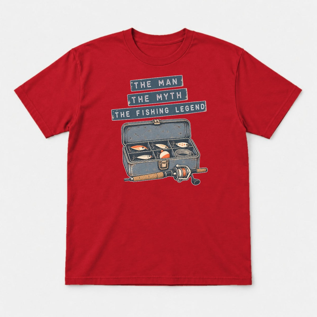 The Man The Myth The Fishing Legend Retro Tackle Box Graphic T-Shirt & Sweatshirt - Tshirt Red Front