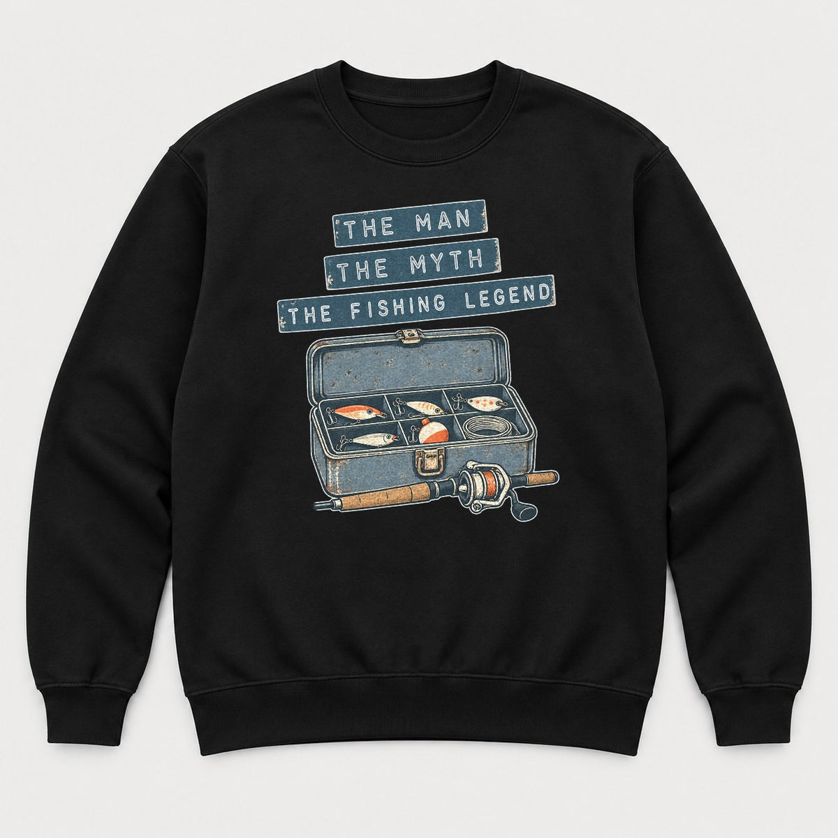 The Man The Myth The Fishing Legend Retro Tackle Box Graphic T-Shirt & Sweatshirt - Sweatshirt Black Front