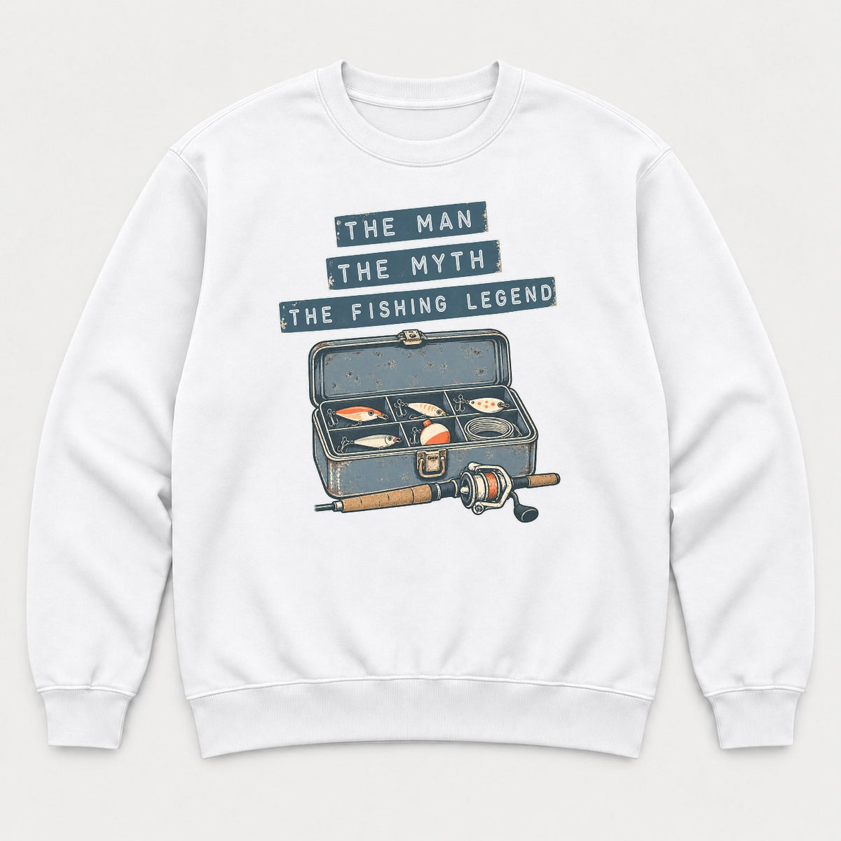 The Man The Myth The Fishing Legend Retro Tackle Box Graphic T-Shirt & Sweatshirt - Sweatshirt White Front