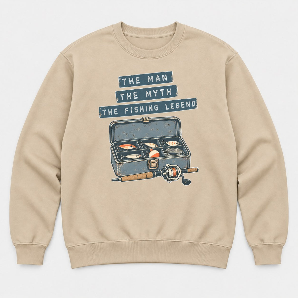 The Man The Myth The Fishing Legend Retro Tackle Box Graphic T-Shirt & Sweatshirt - Sweatshirt Sand Front