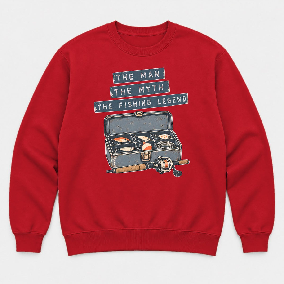 The Man The Myth The Fishing Legend Retro Tackle Box Graphic T-Shirt & Sweatshirt - Sweatshirt Red Front