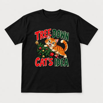 Tree Down Cat's Idea Funny Christmas Kitten Graphic T-Shirt & Sweatshirt - Tshirt Black Front