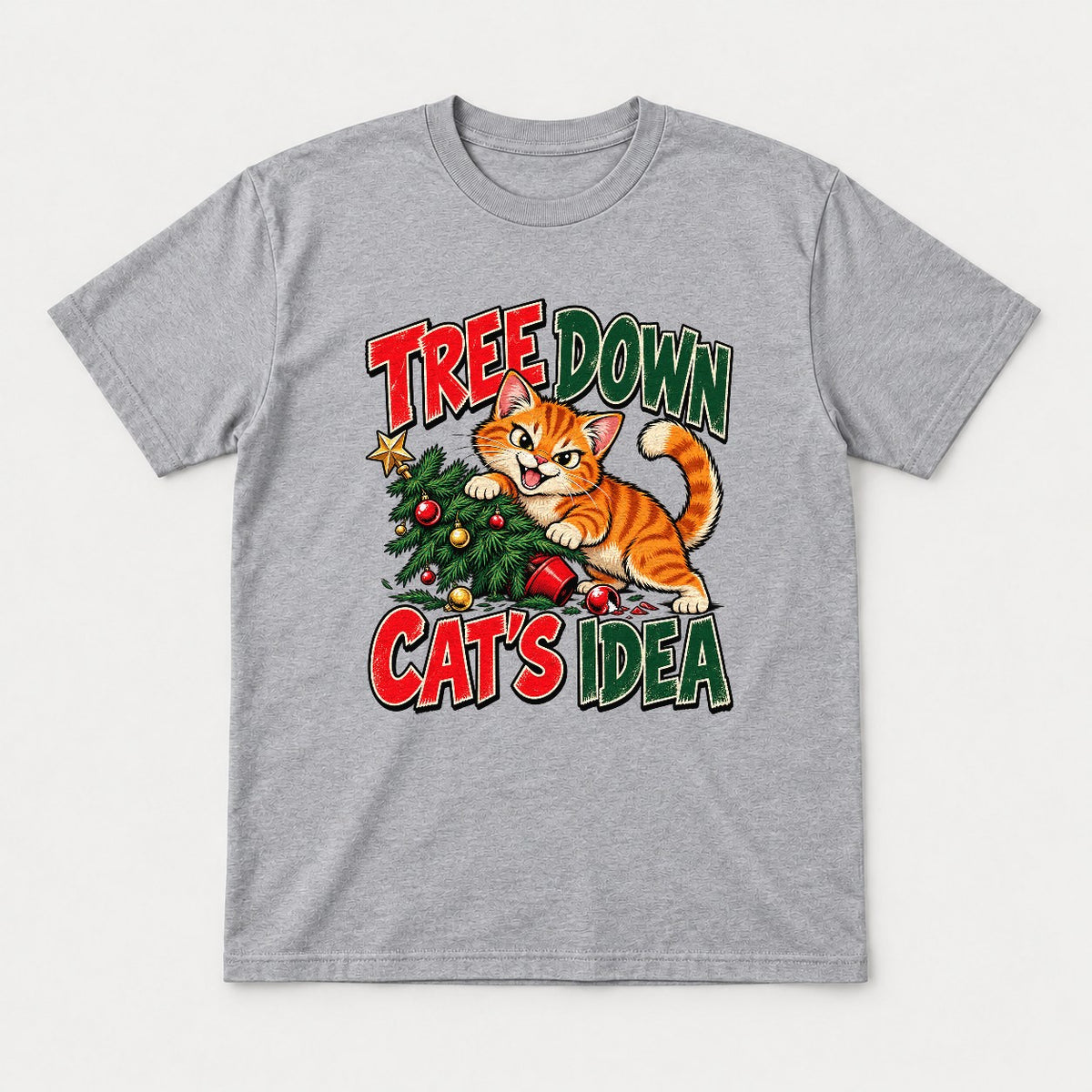 Tree Down Cat's Idea Funny Christmas Kitten Graphic T-Shirt & Sweatshirt - Tshirt Sport Grey Front