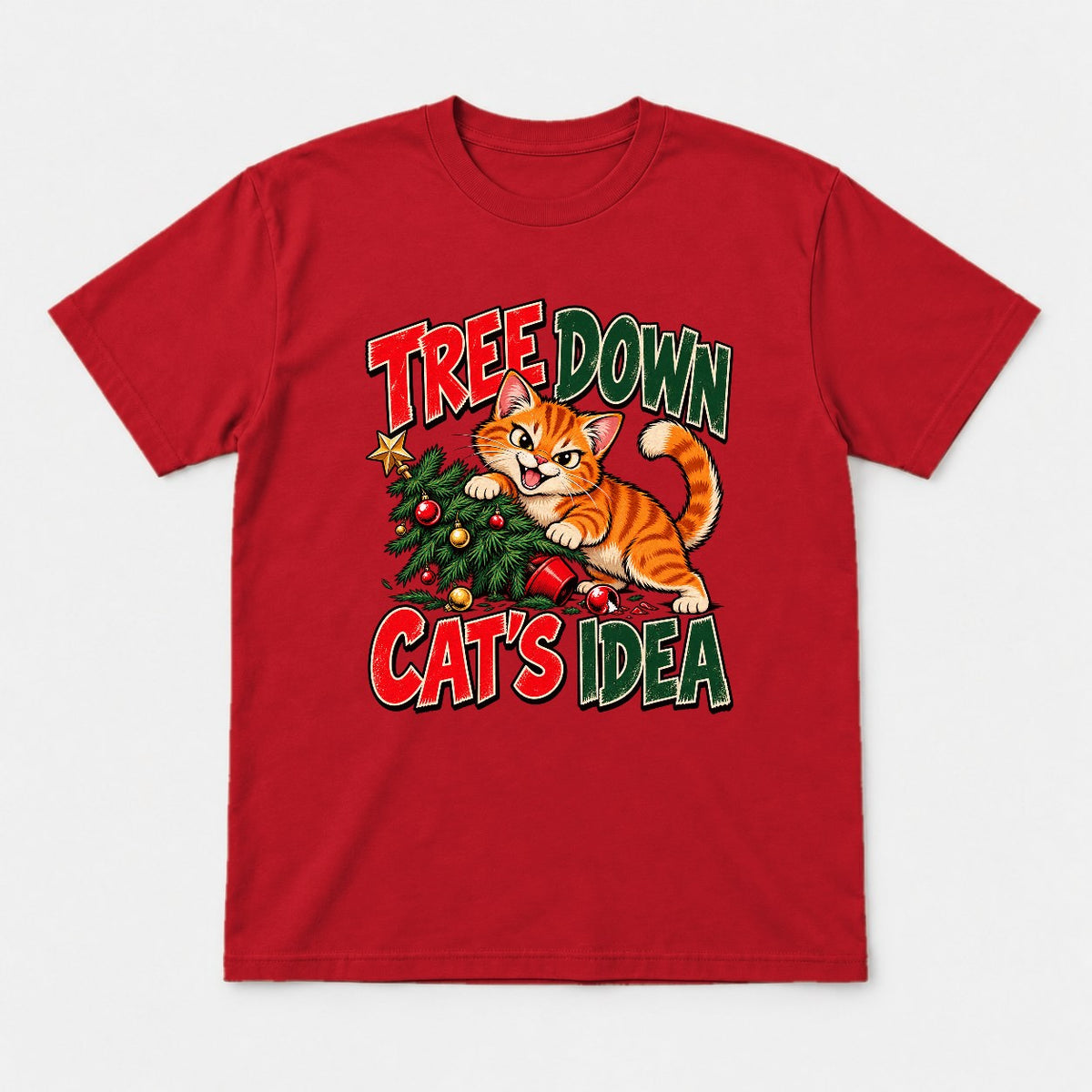 Tree Down Cat's Idea Funny Christmas Kitten Graphic T-Shirt & Sweatshirt - Tshirt Red Front