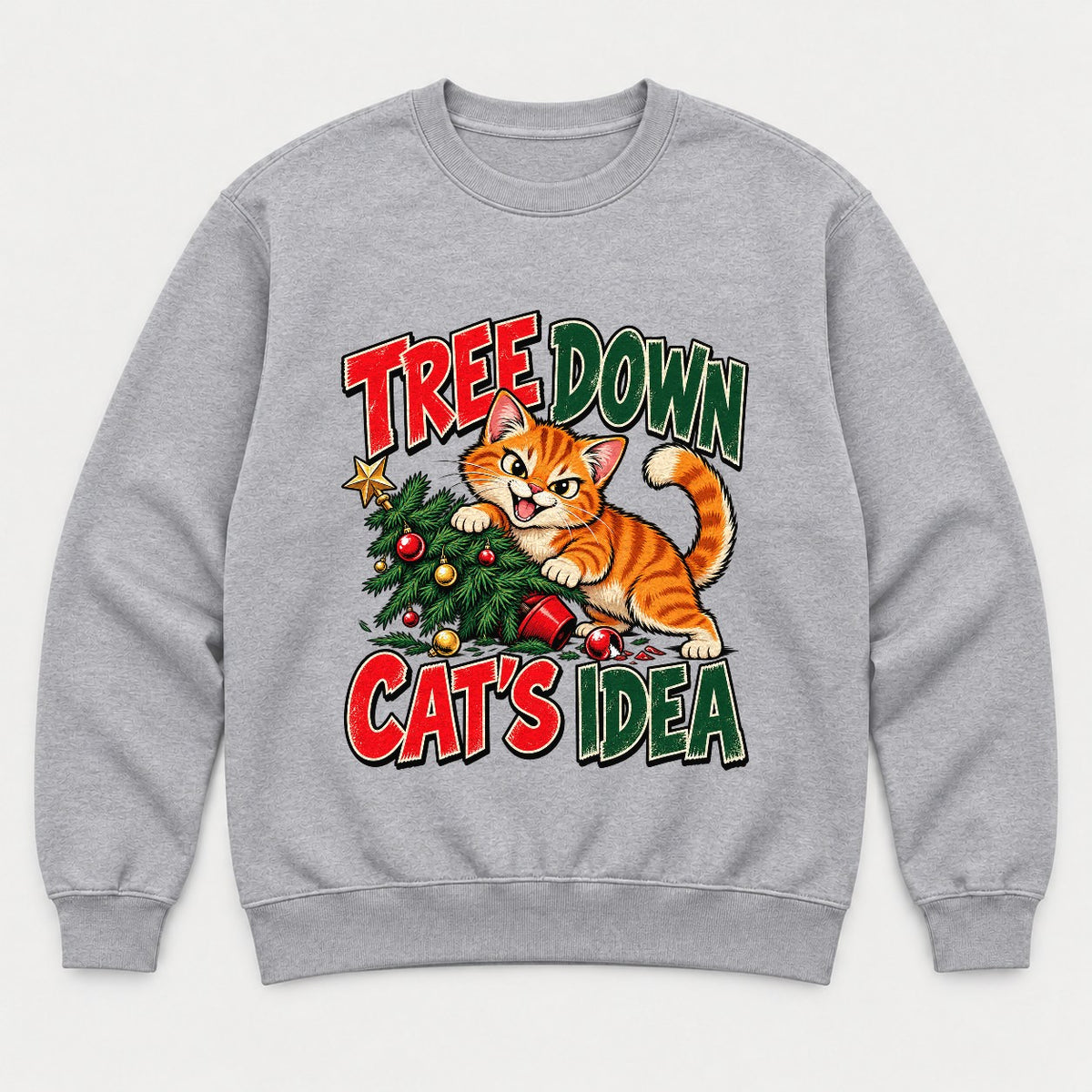 Tree Down Cat's Idea Funny Christmas Kitten Graphic T-Shirt & Sweatshirt - Sweatshirt Sport Grey Front