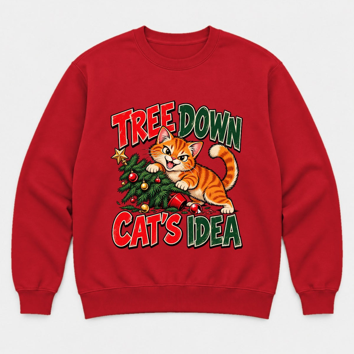 Tree Down Cat's Idea Funny Christmas Kitten Graphic T-Shirt & Sweatshirt - Sweatshirt Red Front