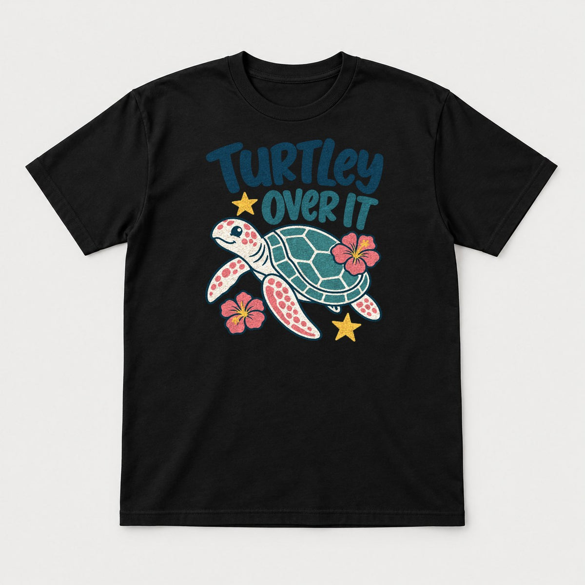 Turtley Over It Cute Sea Turtle Hibiscus Graphic T-Shirt & Sweatshirt - Tshirt Black Front