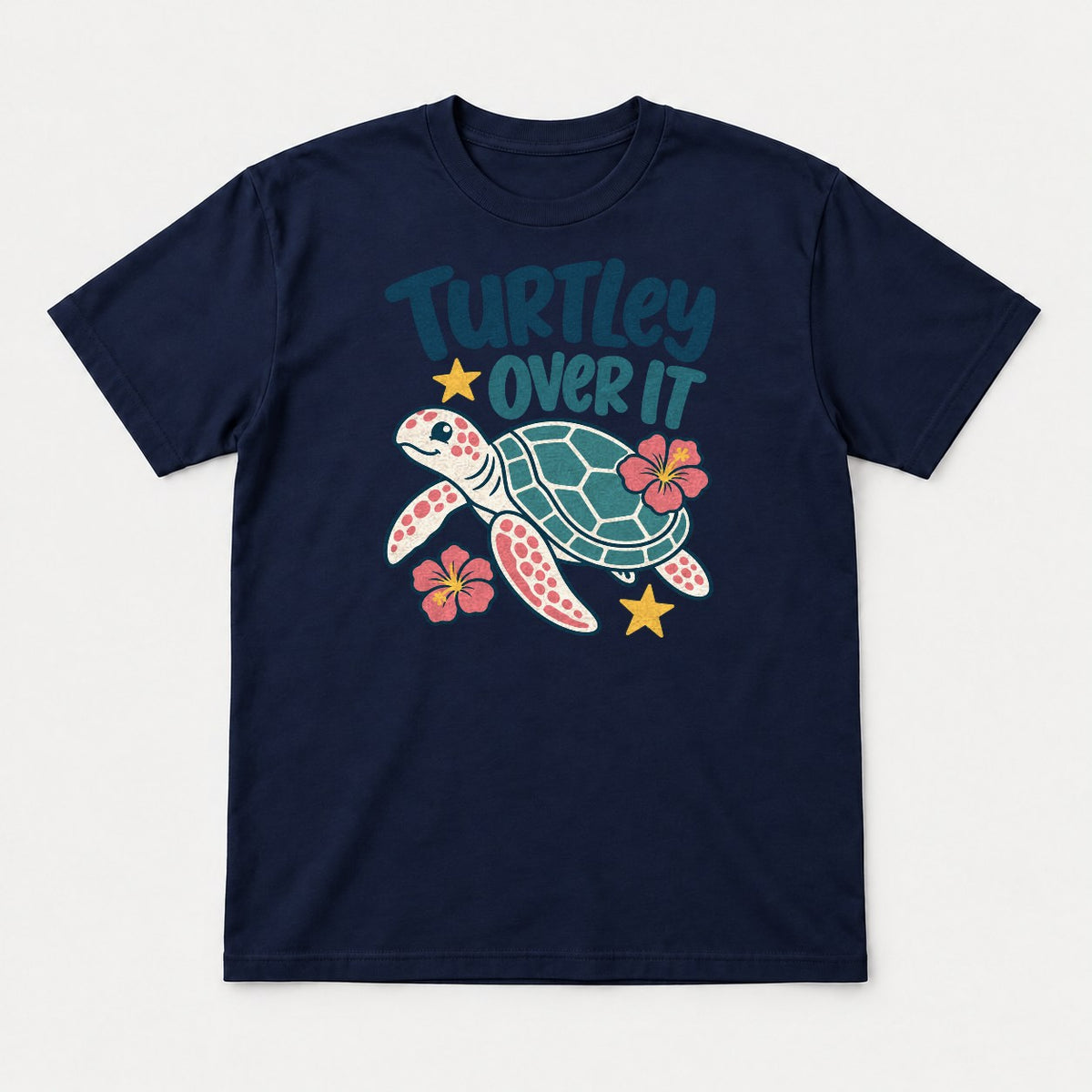 Turtley Over It Cute Sea Turtle Hibiscus Graphic T-Shirt & Sweatshirt - Tshirt Navy Front