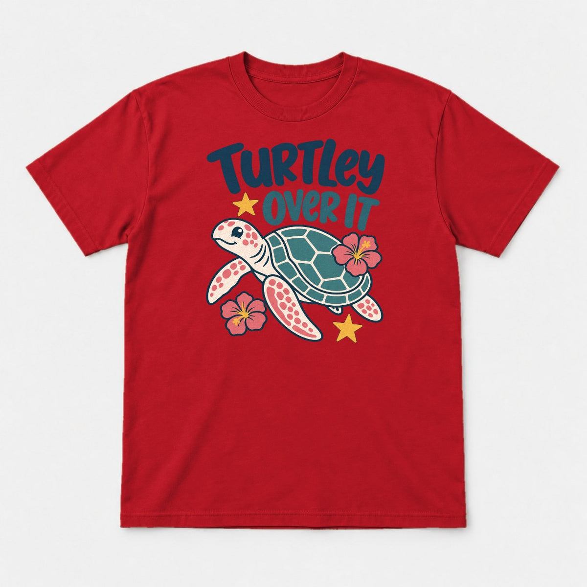 Turtley Over It Cute Sea Turtle Hibiscus Graphic T-Shirt & Sweatshirt - Tshirt Red Front