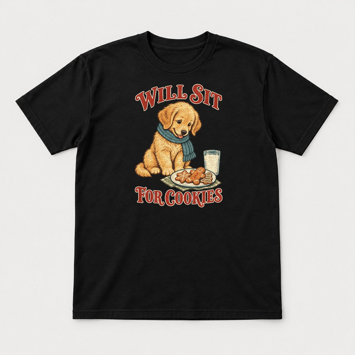 Will Sit For Cookies Golden Retriever Puppy Christmas Graphic T-Shirt & Sweatshirt - Tshirt Black Front