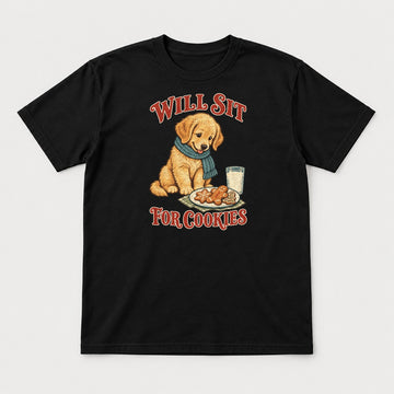 Will Sit For Cookies Golden Retriever Puppy Christmas Graphic T-Shirt & Sweatshirt - Tshirt Black Front