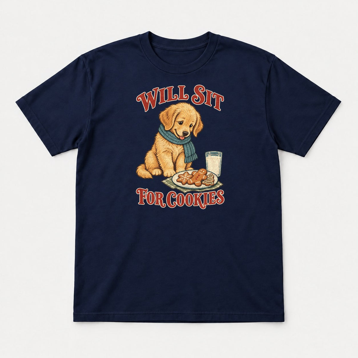 Will Sit For Cookies Golden Retriever Puppy Christmas Graphic T-Shirt & Sweatshirt - Tshirt Navy Front