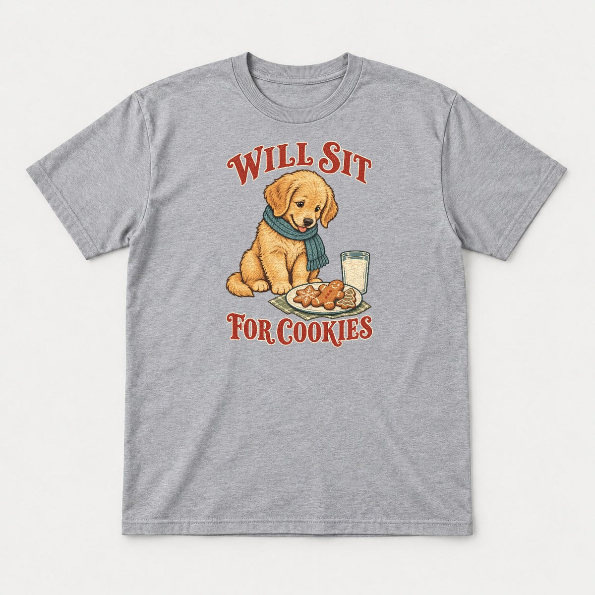 Will Sit For Cookies Golden Retriever Puppy Christmas Graphic T-Shirt & Sweatshirt - Tshirt Sport Grey Front