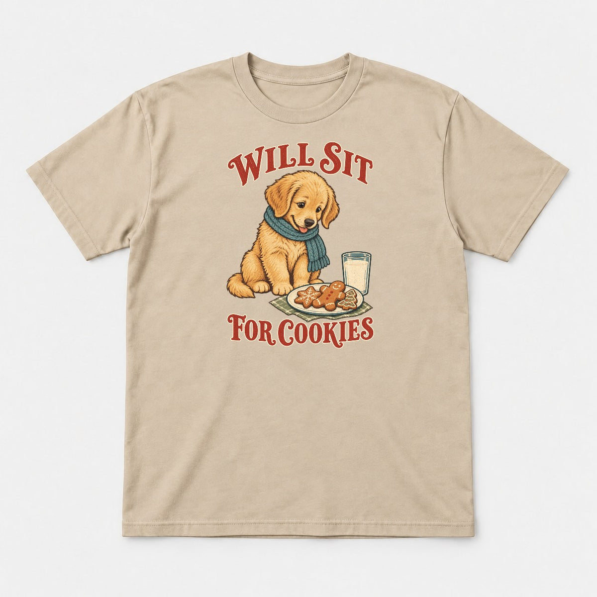 Will Sit For Cookies Golden Retriever Puppy Christmas Graphic T-Shirt & Sweatshirt - Tshirt Sand Front