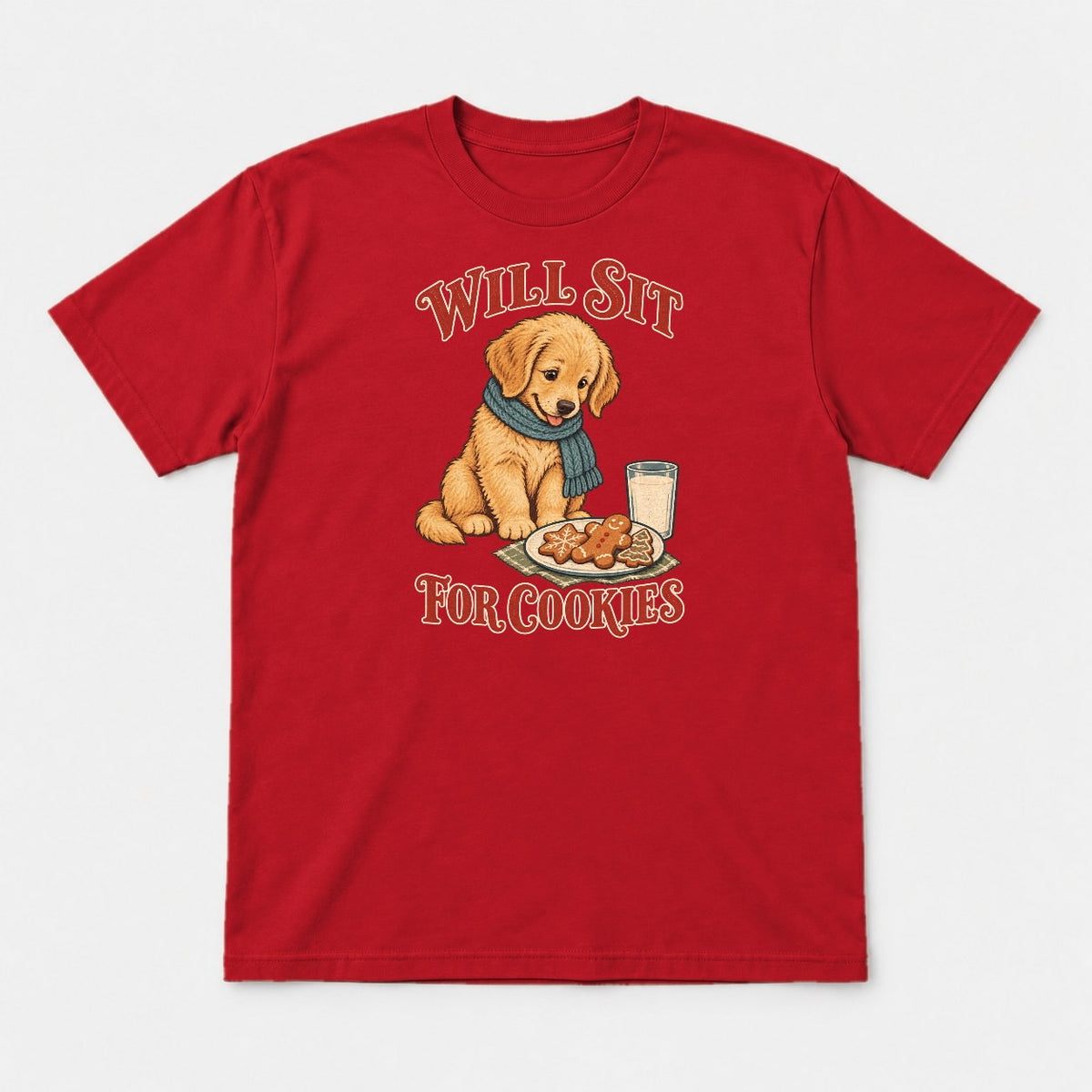 Will Sit For Cookies Golden Retriever Puppy Christmas Graphic T-Shirt & Sweatshirt - Tshirt Red Front