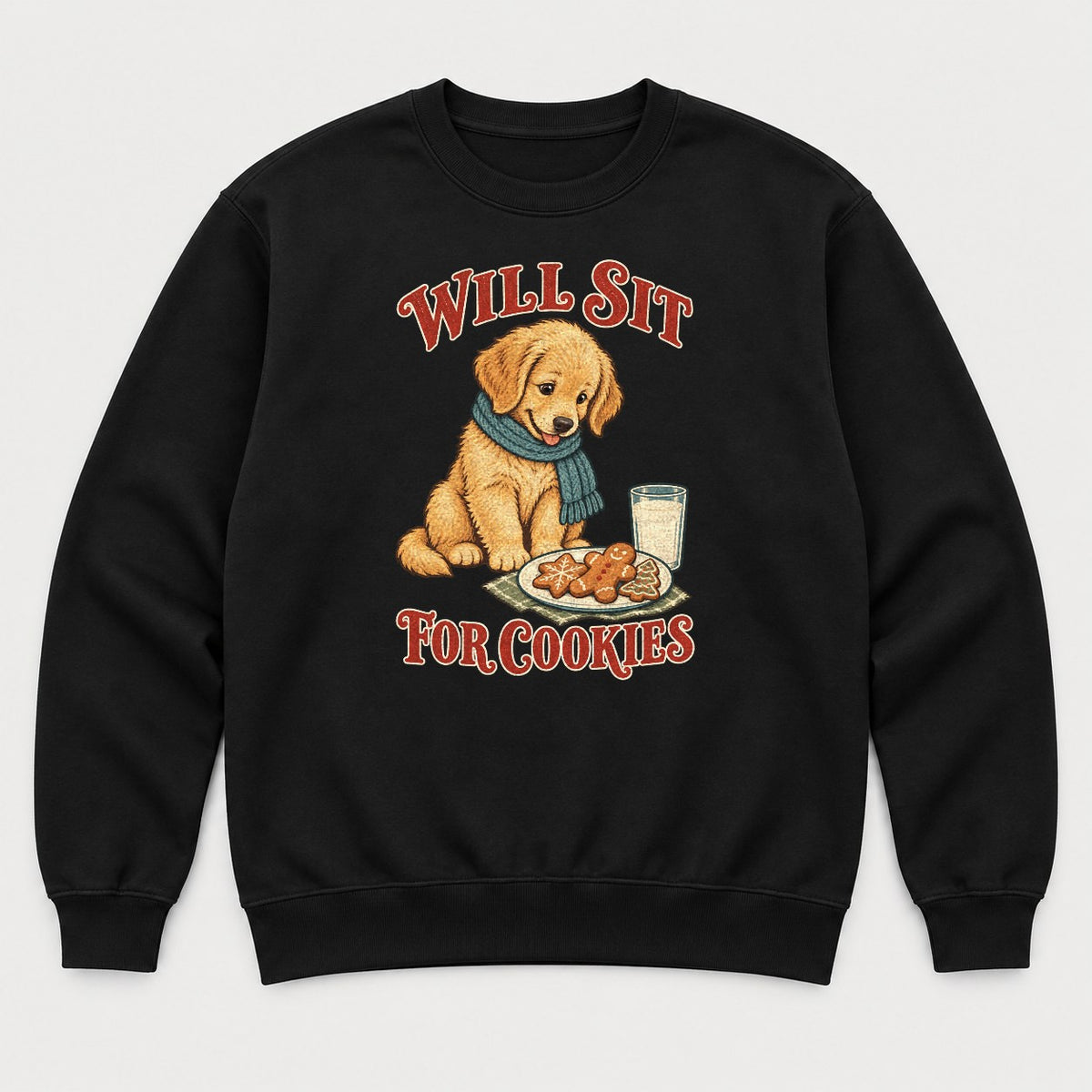Will Sit For Cookies Golden Retriever Puppy Christmas Graphic T-Shirt & Sweatshirt - Sweatshirt Black Front