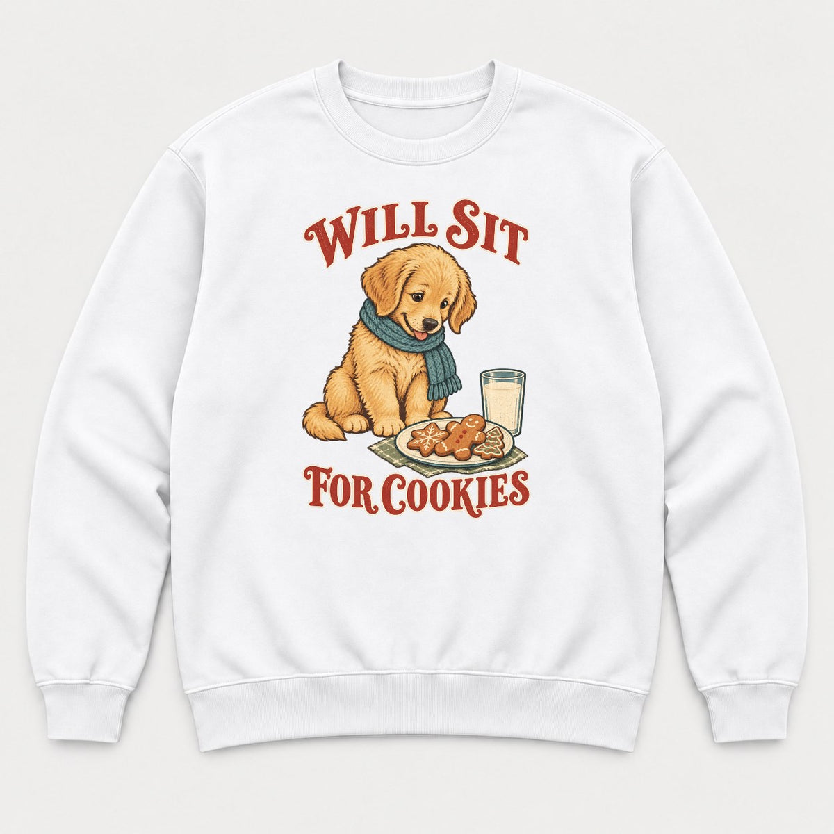Will Sit For Cookies Golden Retriever Puppy Christmas Graphic T-Shirt & Sweatshirt - Sweatshirt White Front
