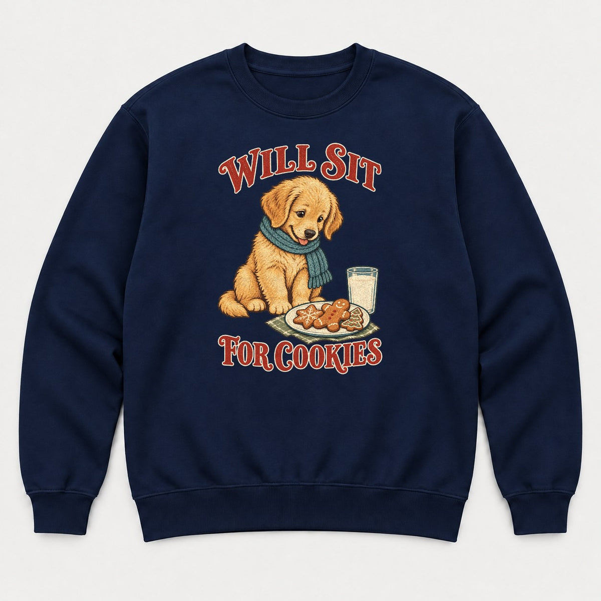 Will Sit For Cookies Golden Retriever Puppy Christmas Graphic T-Shirt & Sweatshirt - Sweatshirt Navy Front