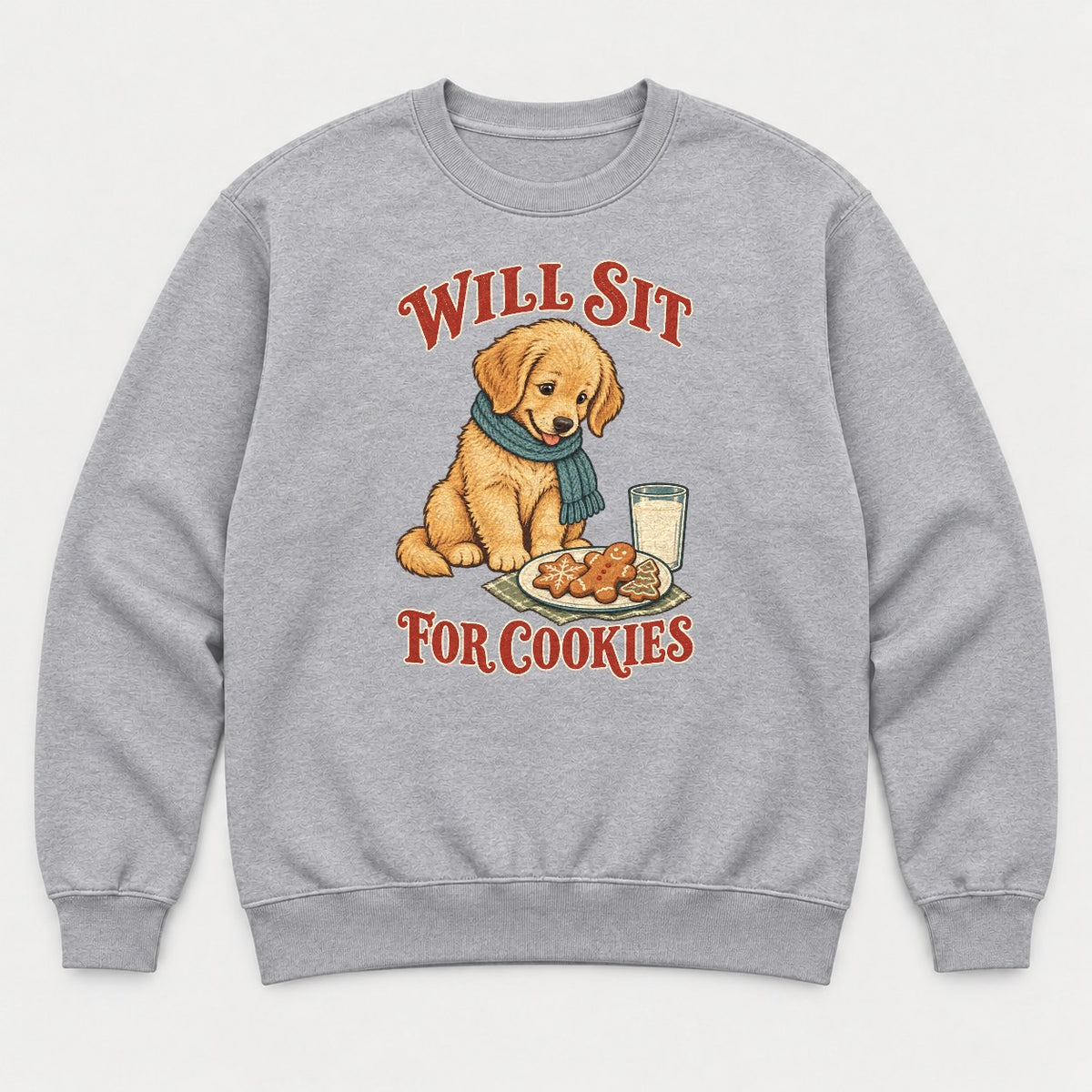 Will Sit For Cookies Golden Retriever Puppy Christmas Graphic T-Shirt & Sweatshirt - Sweatshirt Sport Grey Front