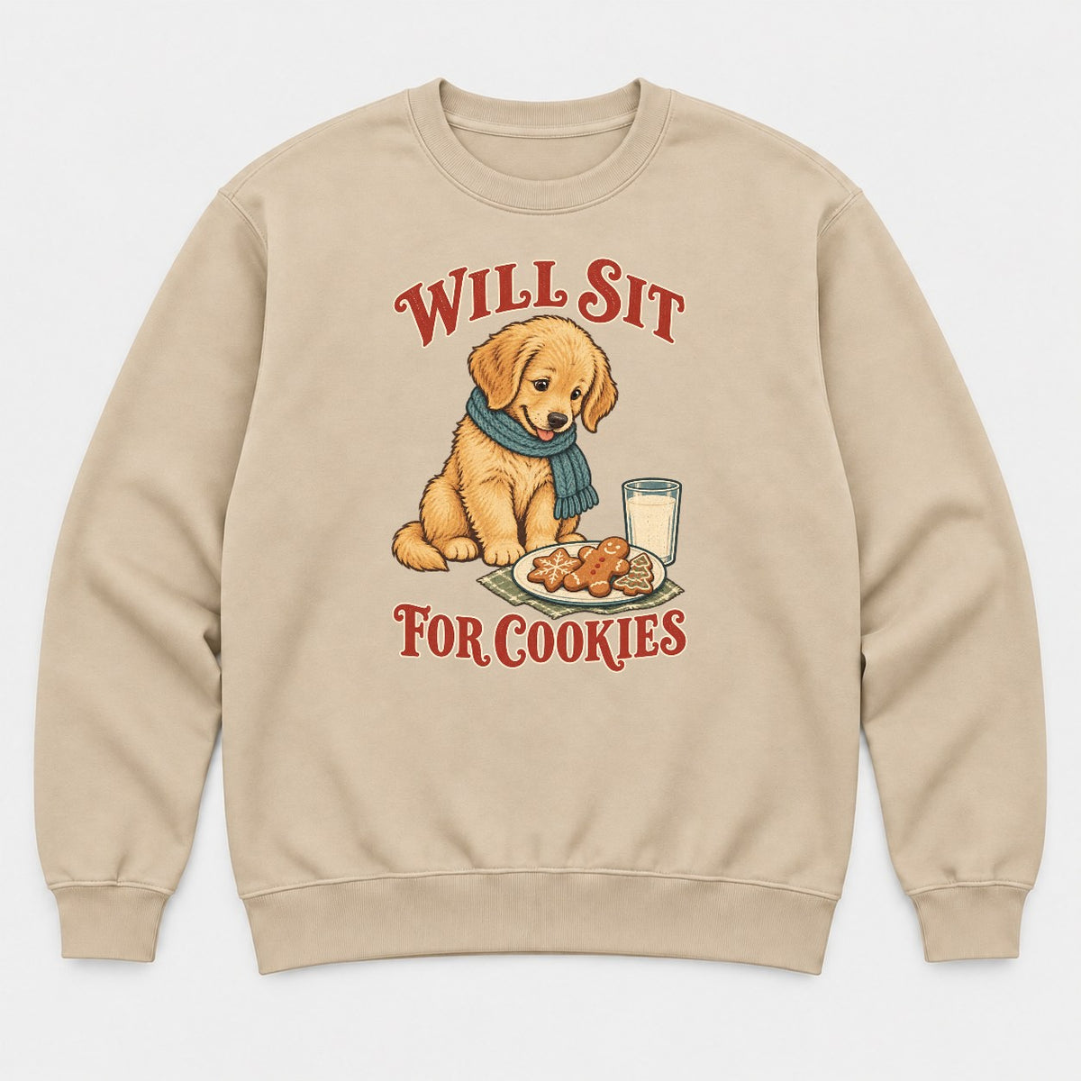 Will Sit For Cookies Golden Retriever Puppy Christmas Graphic T-Shirt & Sweatshirt - Sweatshirt Sand Front