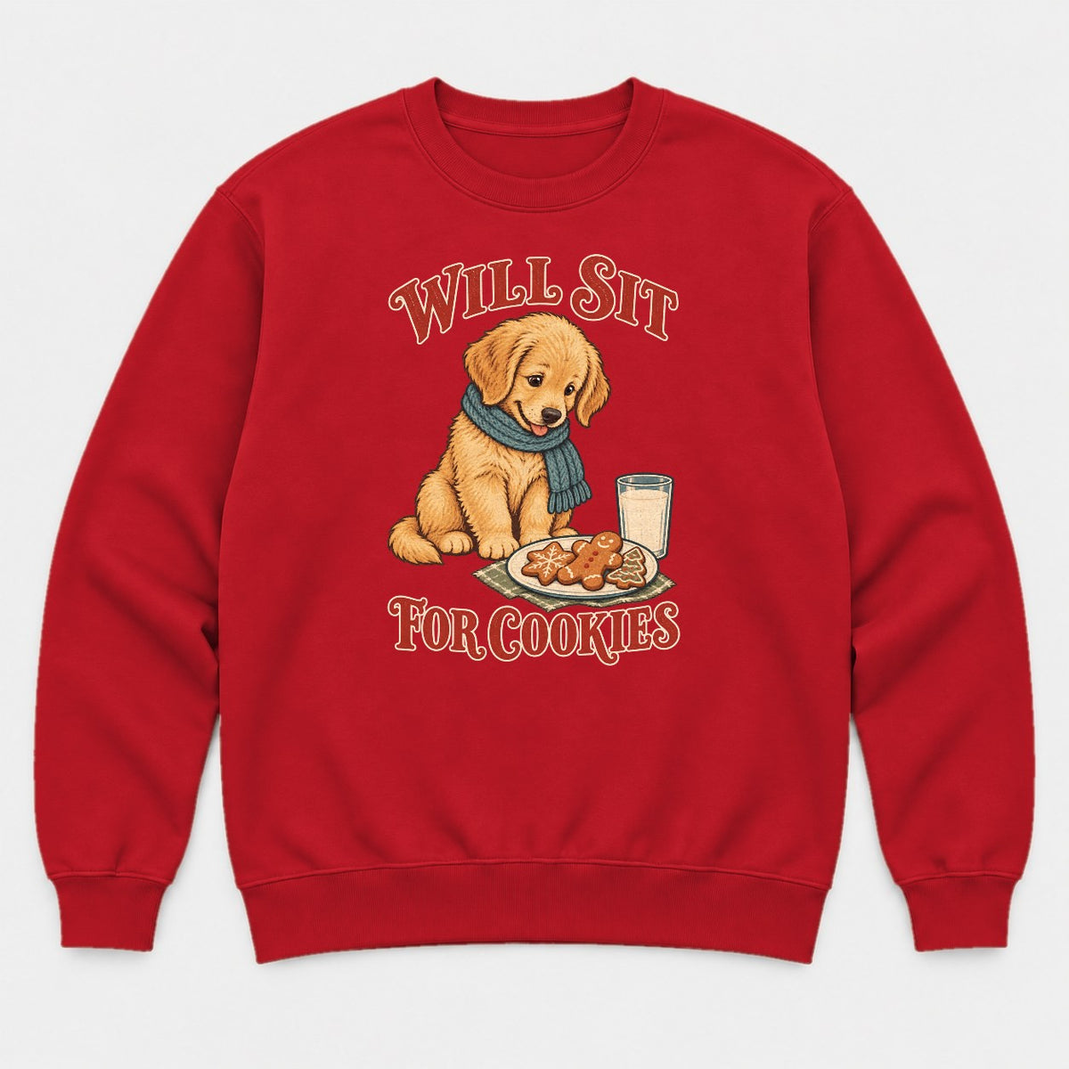 Will Sit For Cookies Golden Retriever Puppy Christmas Graphic T-Shirt & Sweatshirt - Sweatshirt Red Front